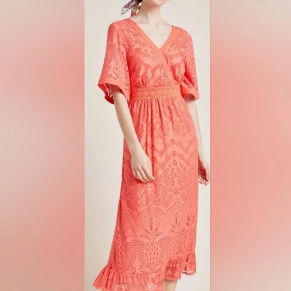 Farm Rio Anthropologie Coral Pink "Devore" Floral Burnout Midi Dress size XSmall